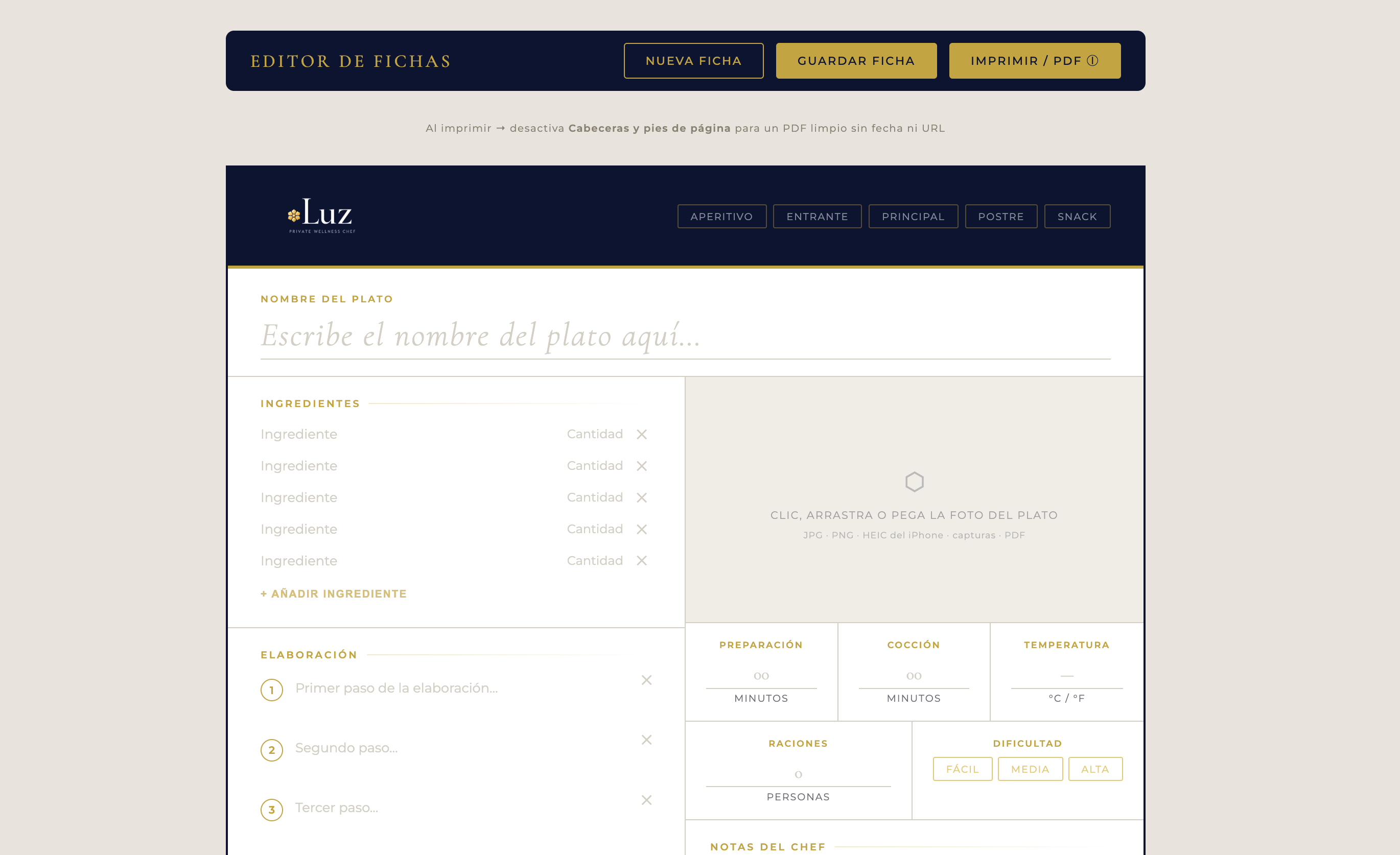 Editor de fichas — nombre, ingredientes y foto del plato