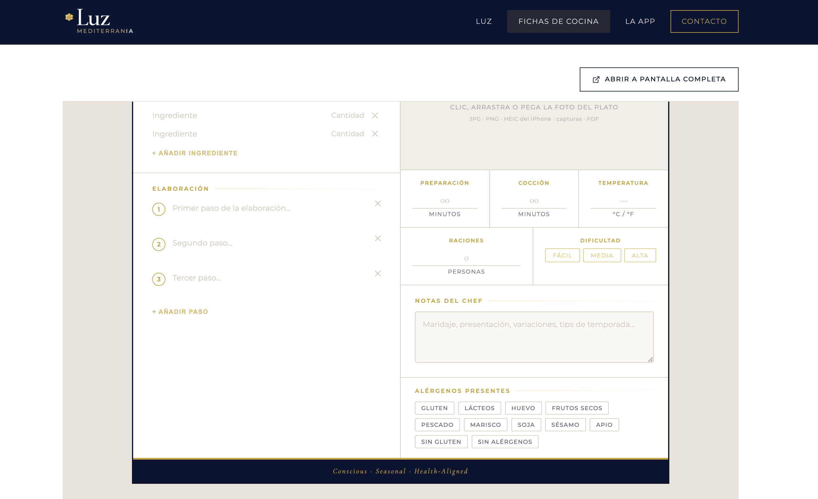 Editor de fichas — elaboración, notas del chef y alérgenos