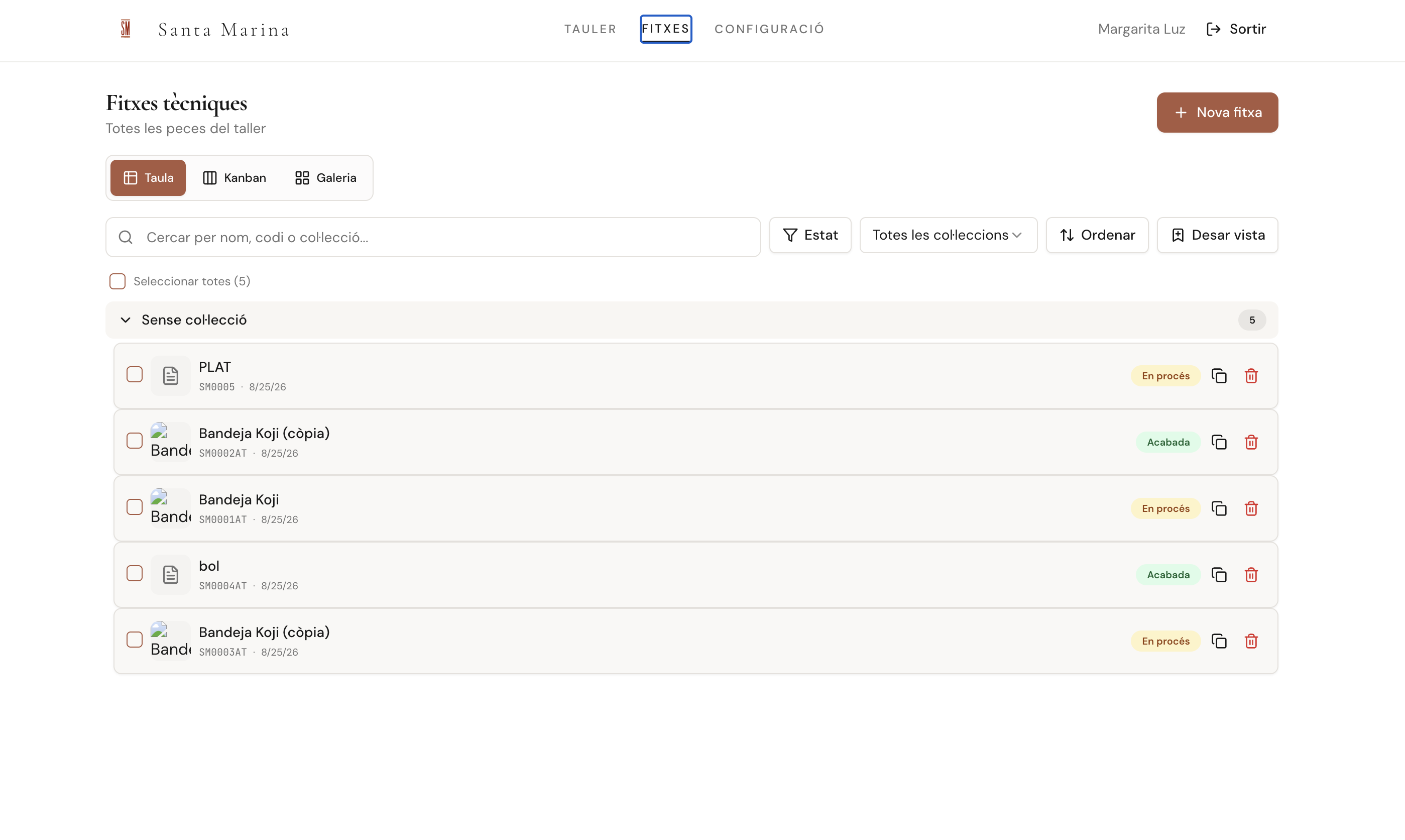 Fitxes tècniques — listado de piezas con vistas de tabla, kanban y galería