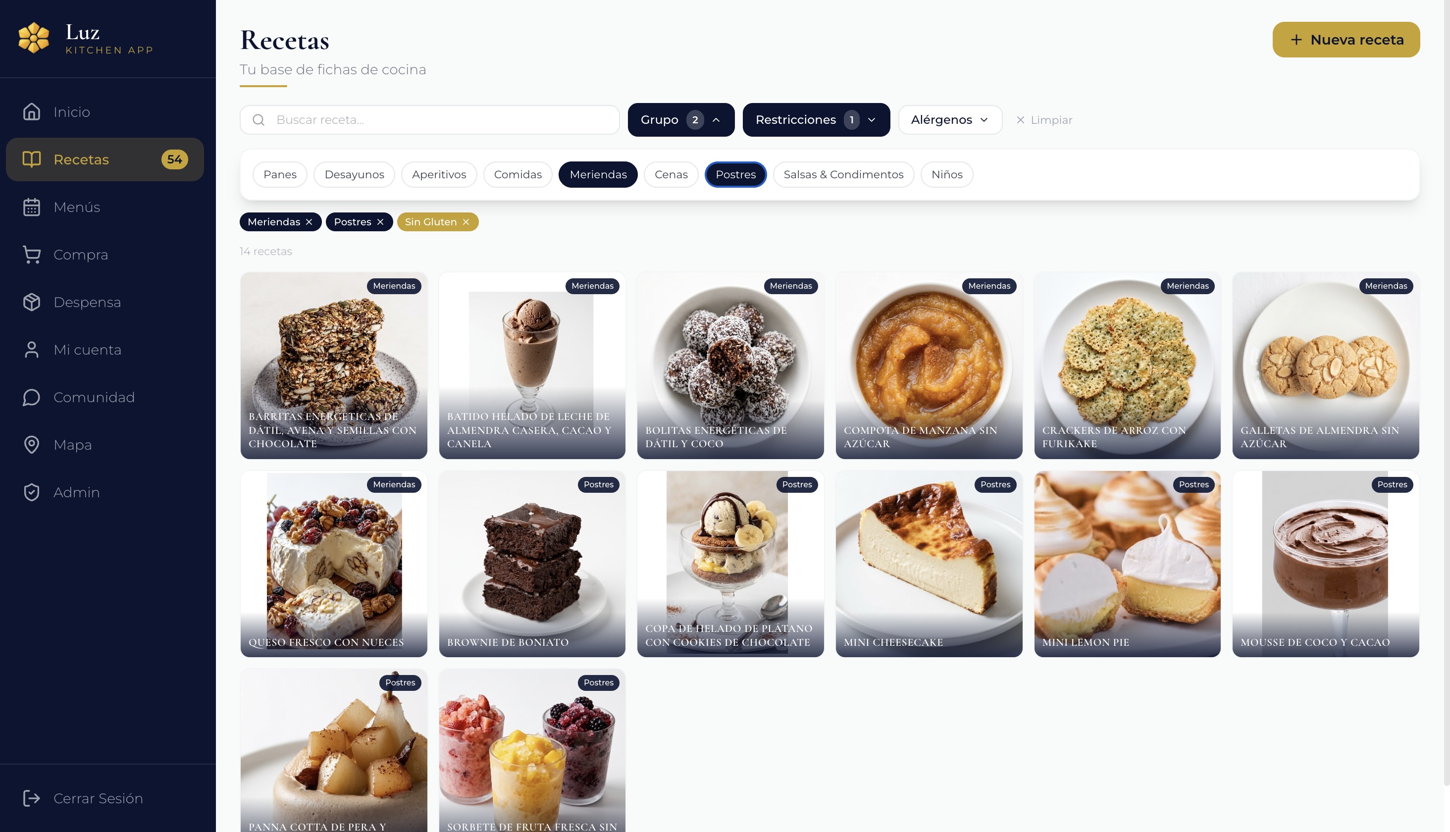 Filtros inteligentes — busca recetas combinando grupos, restricciones alimentarias y alérgenos