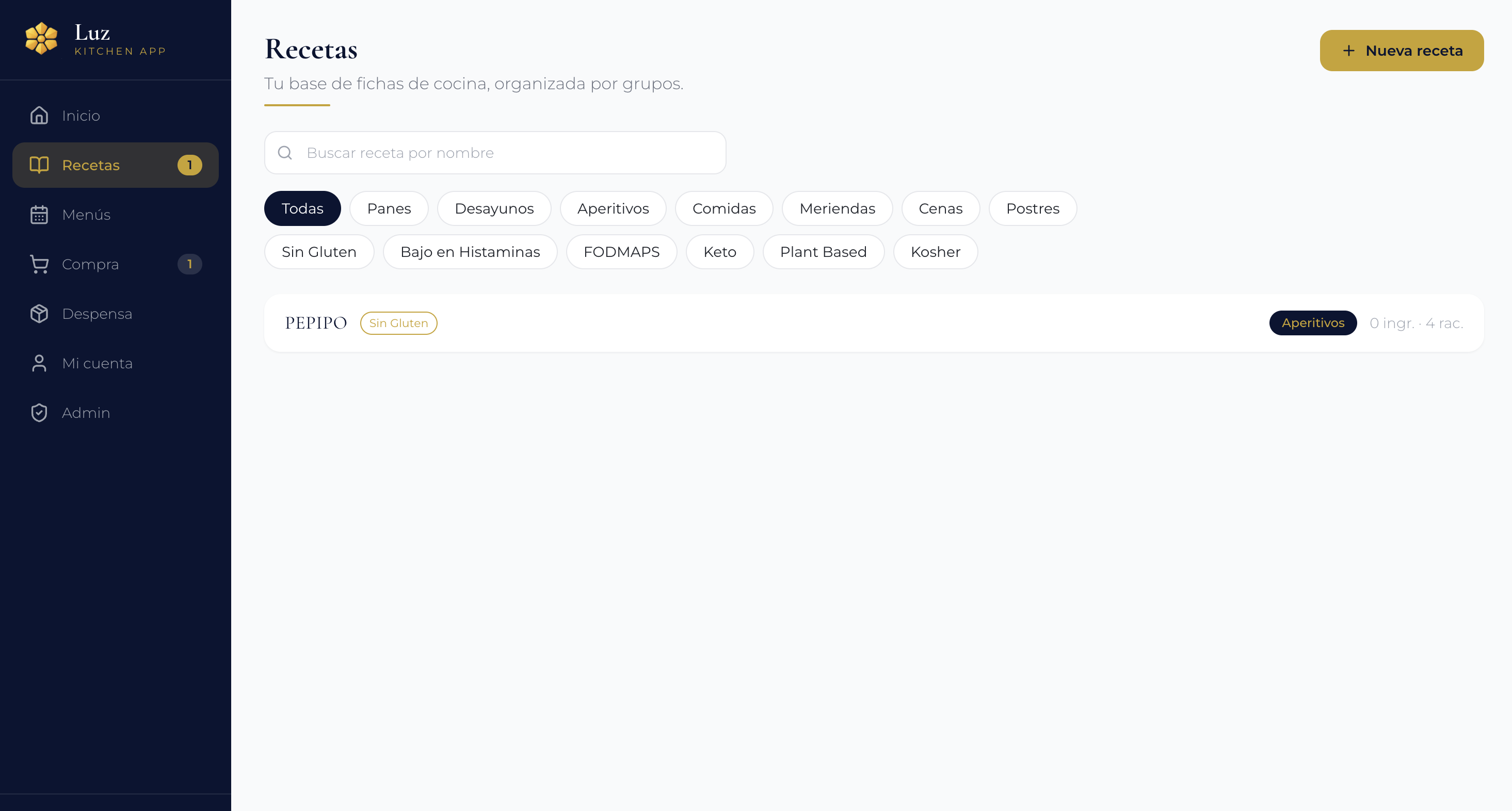 Recetas — base de fichas organizada por grupos y filtros