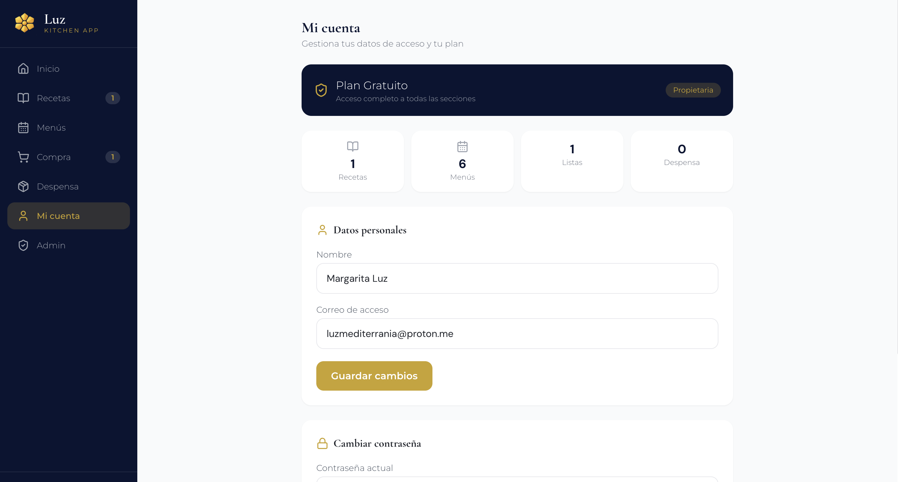 Mi cuenta — datos, plan y estadísticas de uso