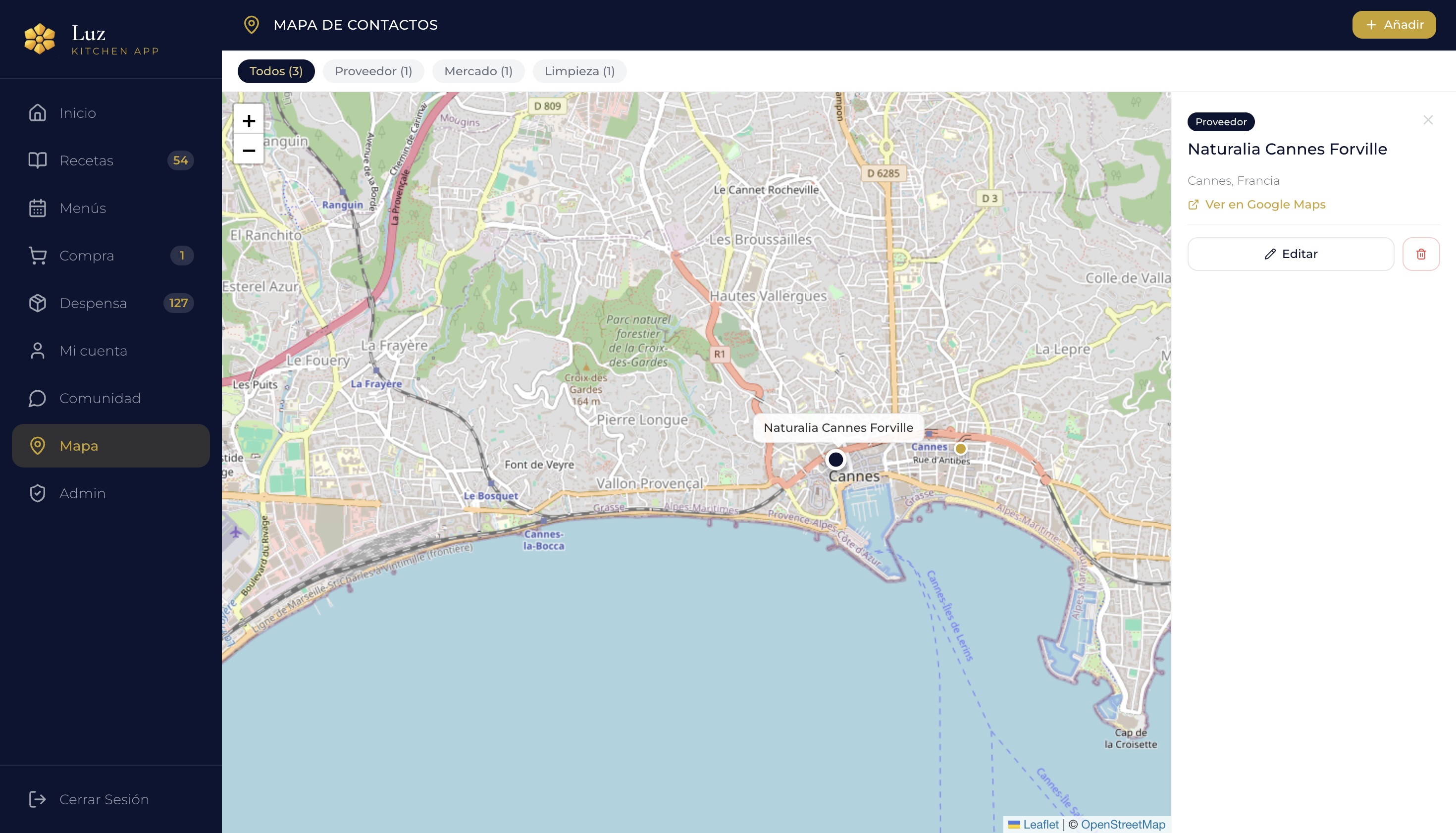 Mapa — proveedores, mercados y contactos geolocalizados con filtros por categoría