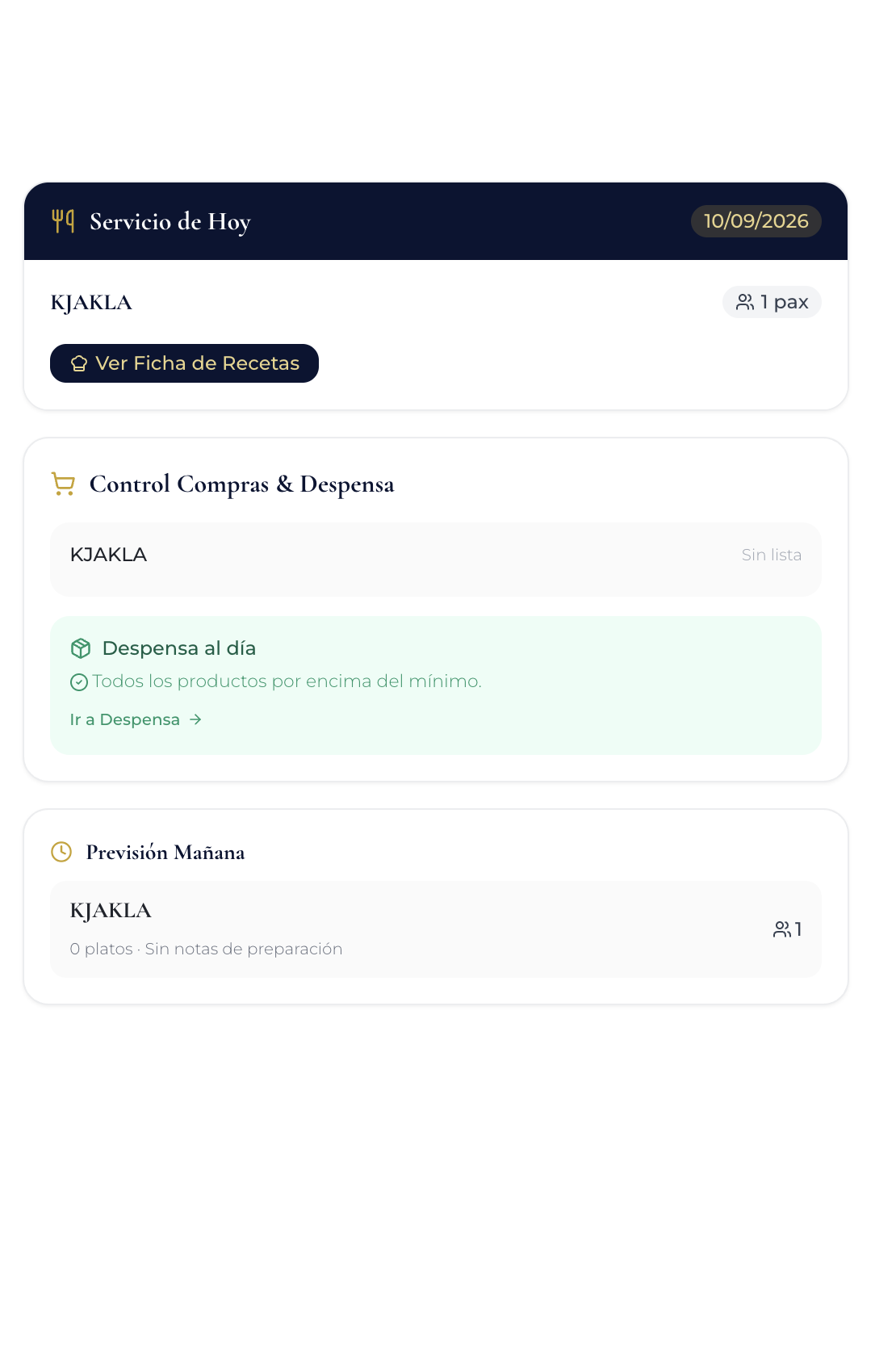 Vista móvil — servicio del día, compras y previsión
